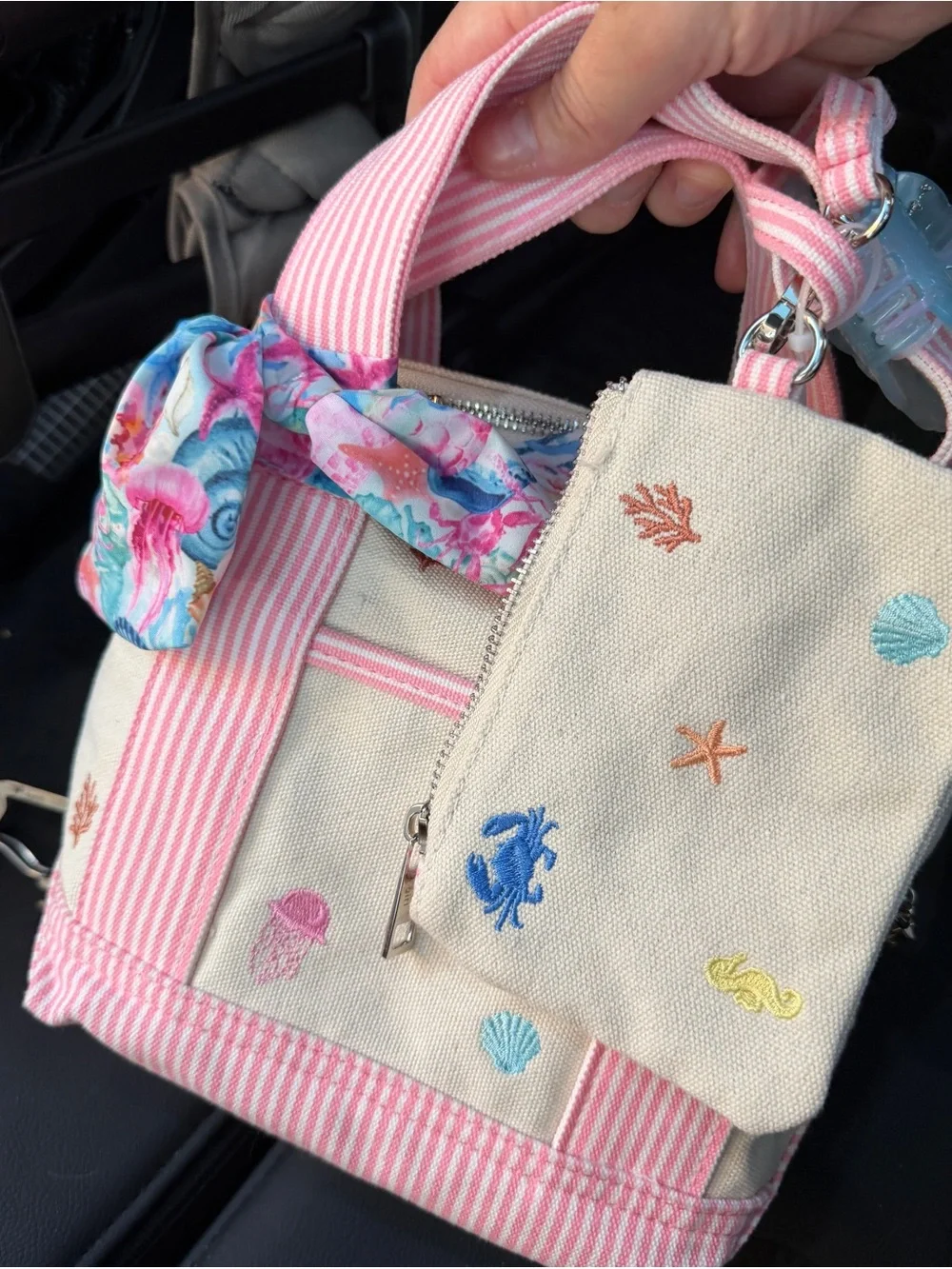 Madden Girl Cream & Pink Striped Mini Canvas Tote with Beach Embroidery